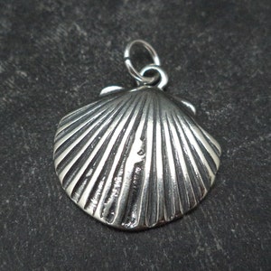 May include: A silver seashell charm pendant with a detailed, textured surface. The pendant is designed to resemble a scallop shell.