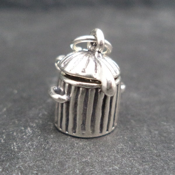 Sterling Silver 3D Trash Can with Cat, movable Charm for Charm Bracelet