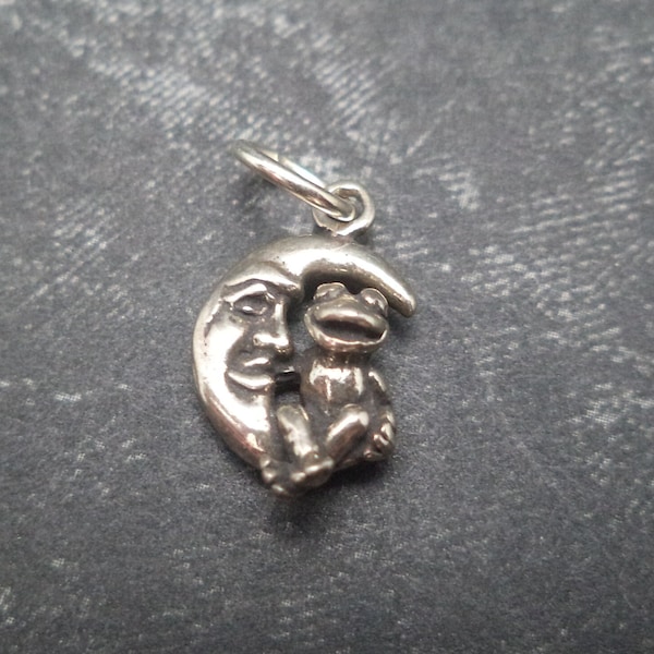 STERLING SILVER 3D Small Frog sitting on Man in the Moon Charm for Charm Bracelet