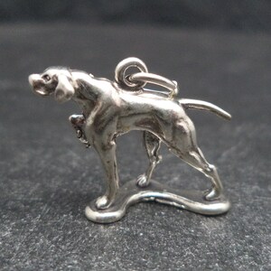 Puede incluir: Un charm de plata con forma de perro, probablemente un pointer, en posición de pie. El charm tiene un lazo para sujetarlo. Los detalles del perro, como las orejas y la cola, son visibles. El charm está sobre un fondo oscuro.
