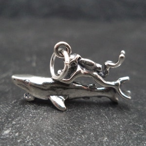 STERLING SILVER 3D Scuba DIver with Shark for Charm Bracelet