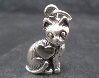 STERLING SILVER 3D Cat with Heart Charm for Charm Bracelet