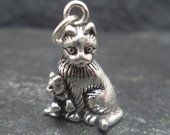 3D-Katze mit Kätzchen-Anhänger aus Sterlingsilber für Bettelarmband