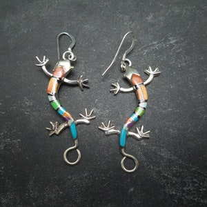 Sterling Silver Lizard Dangle Earrings with Turquoise, Sugalite, Gaspiete, Lapis, and Opal Inlay. Made in the USA.