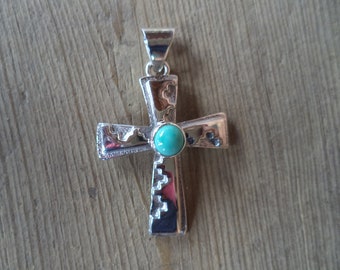 Navajo Indian Jewelry Sterling Silver Turquoise Cross Pendant Evelyn Joe 