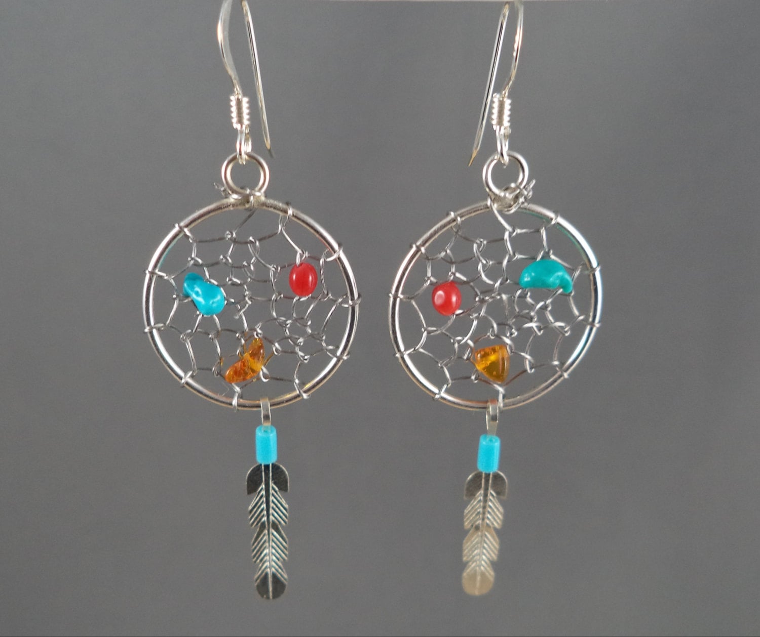 Large Dream Catcher Earrings with Turquoise Bear & Feather (Sterling Silver)