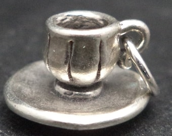 Sterling Silver 3D Coffee or Tea Cup and Saucer Charm for Charm Bracelet