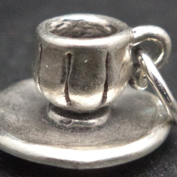 Sterling Silver 3D Coffee or Tea Cup and Saucer Charm for Charm Bracelet