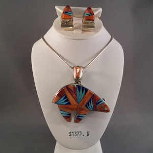 Beautiful Sterling Zuni Inlay Bear with Matching Earrings by Cecil Ashley and a Reversible  Side with Cornrow Turquoise and Beautiful Design
