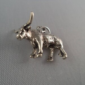 Puede incluir: Un amuleto de plata en forma de toro con la cabeza levantada y cuernos. El amuleto est&aacute; detallado con una superficie texturizada y tiene un bucle para sujetarlo a una pulsera o collar.