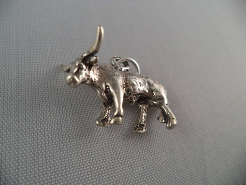 Puede incluir: Un amuleto de plata en forma de toro con la cabeza levantada y cuernos. El amuleto est&aacute; detallado con una superficie texturizada y tiene un bucle para sujetarlo a una pulsera o collar.