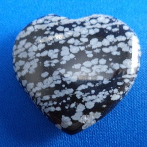 Large 45 mm Snowflake Obsidian Flat Heart Shaped Stone. Can be used as a Pocket Token or Wire Wrapped as a Pendant.