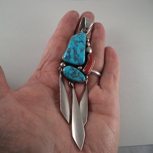 Beautiful Vintage Sterling Silver Pendant with Coral and Morenci Turquoise by Navajo Artist David Zachary. Weighs 43.7 grams