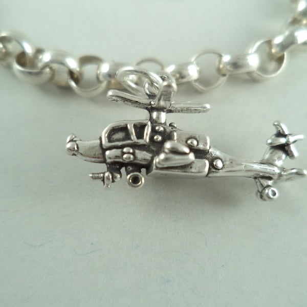 STERLING SILVER 3D Military Helicopter Charm for Charm Bracelet