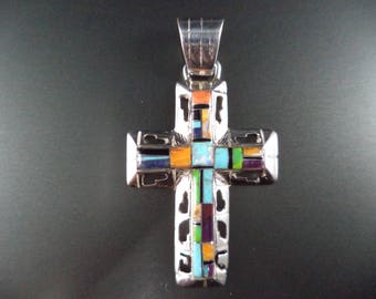 Medium Size Sterling Silver Cross with Multi Color Stones and Opal. Signed SM