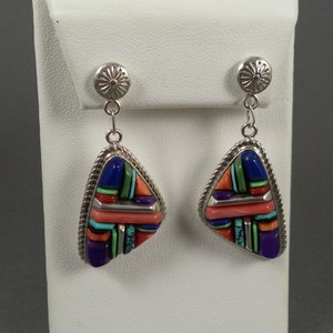 Handmade Sterling Silver Dangle Earrings with Multi-Color Mosaic Set Stones by Navajo Artist Kenneth Bitsie