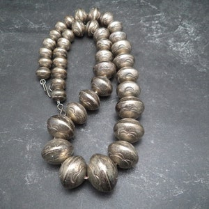 Beautiful 18 Inch Vintage Sterling Silver Handmade and Hand Stamped Graduated Navajo Pearls by Presley Curley