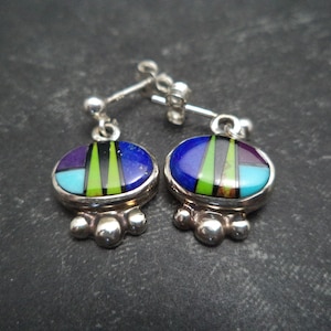 Beautiful Matching Turquoise,Lapis, Sugalite and Onyx Oval Earrings by Navajo Artist.