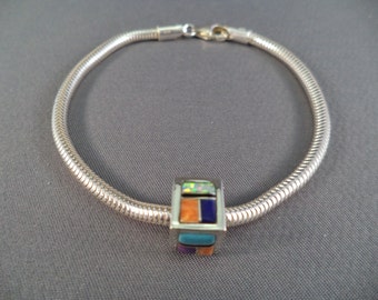 Square Southwest Style Multi Color Story Wheel Bead - Sterling Silver with Inlaid Stones  For Necklace or European Style Bracelet .