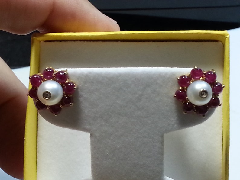 Ruby Cabachon Earring Jackets with Pearl Studs