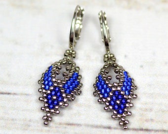 Seed bead earrings blue earrings beaded jewelry beadwork earrings leaf earrings everyday earrings boho earrings rustic jewelry gift for wife