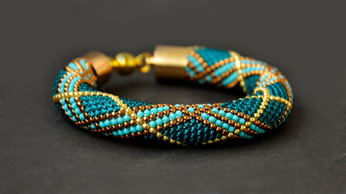 Turquoise Beaded Rope Bracelet Blue & Gold Crocheted Woven Etsy
