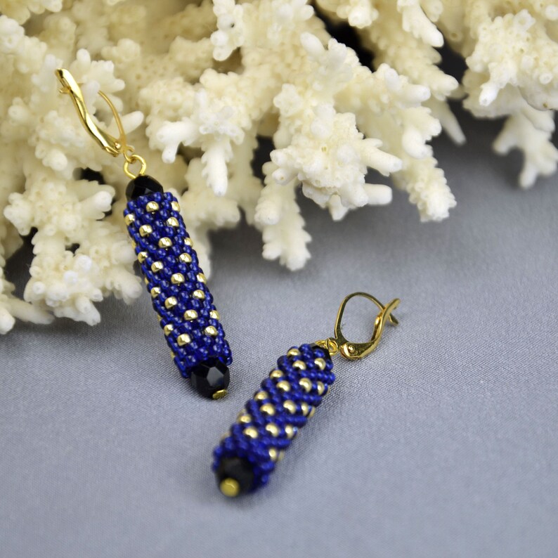 Dark Blue Earrings Dangle Earrings Seed Bead Earrings Long | Etsy