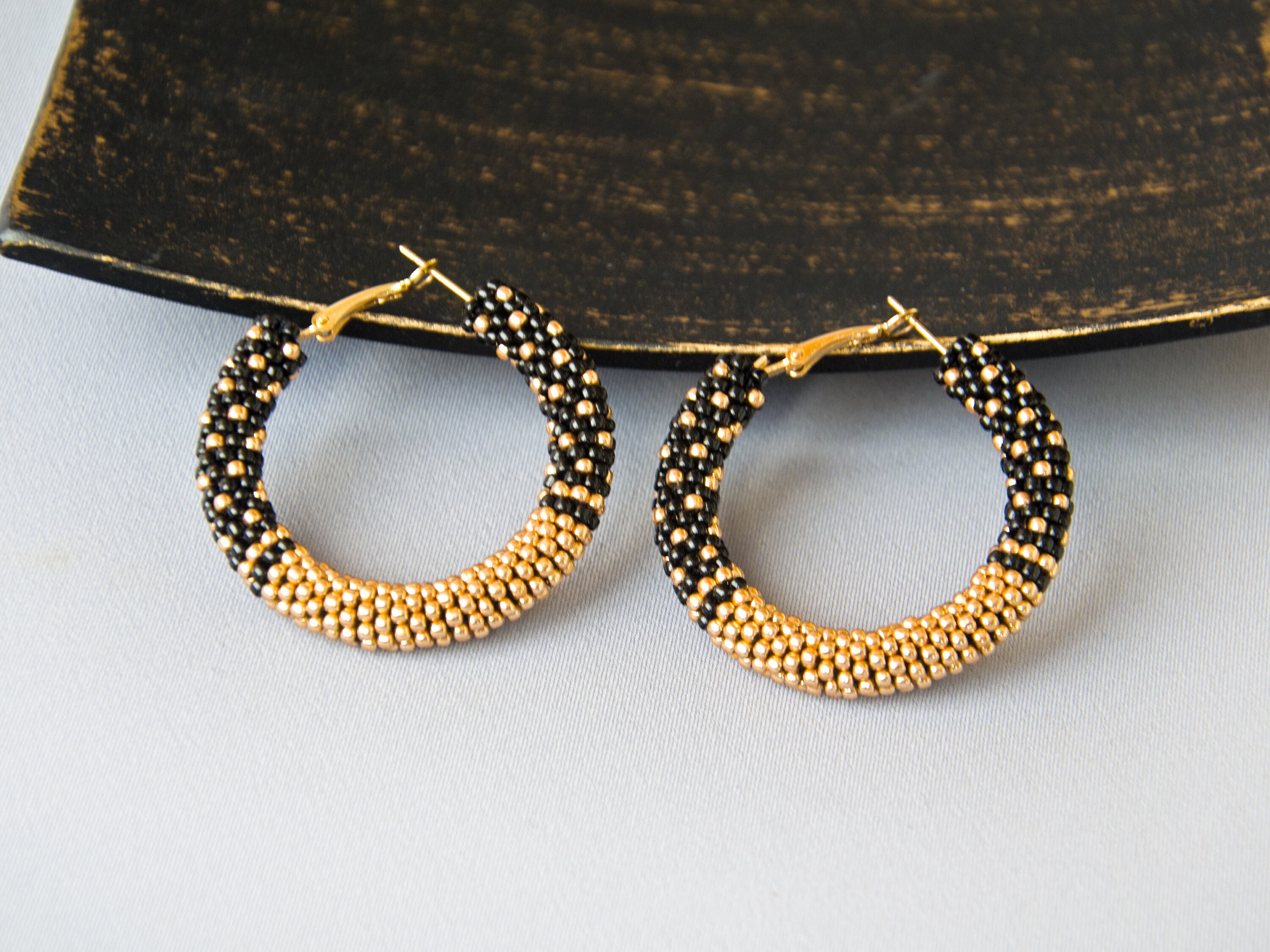 Black and gold beaded hoop earrings Large hoop earrings Etsy