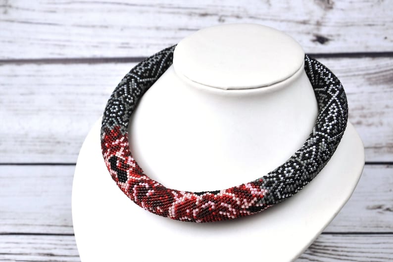 Rose necklace red flower necklace fashion necklace for her unique gift for wife best birthday gifts seed bead jewelry modern jewelry gift