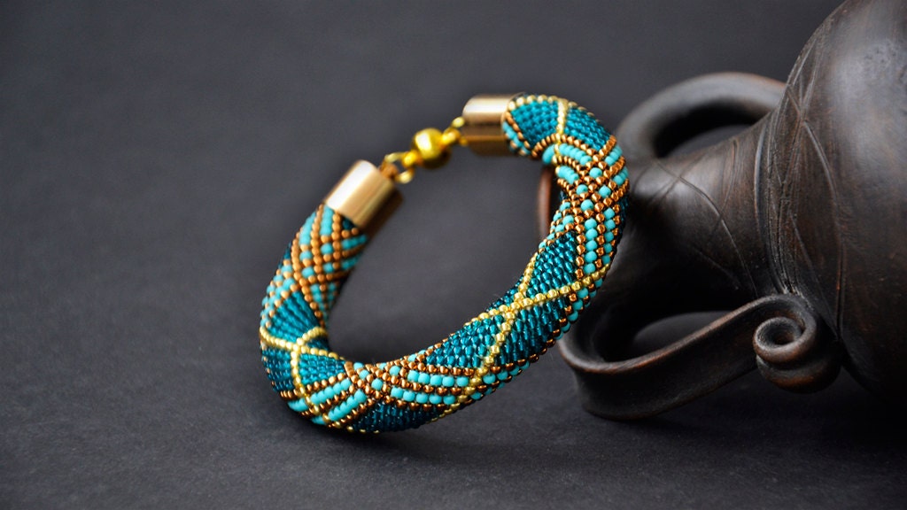 Turquoise Beaded Rope Bracelet Blue & Gold Crocheted Woven Etsy