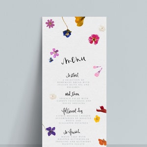 SOFORTIG | Menü | Look der individuell | Gepresste Blumen | Wilde Blumen | Schwimmende Blütenblätter | Handlettering | Bearbeitbar | Personalisierbar