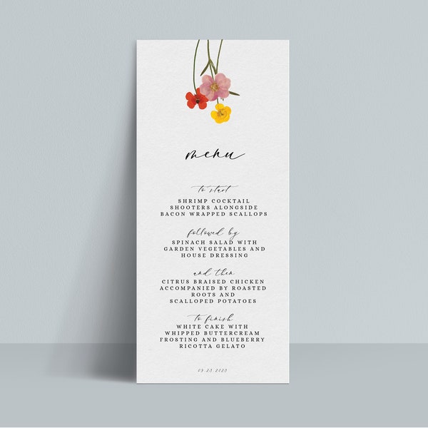 INSTANT | Menu | Pressed Flowers | Editable | Printable | DIY | Wedding Stationery | Modern | Minimal | Colorful | Floral