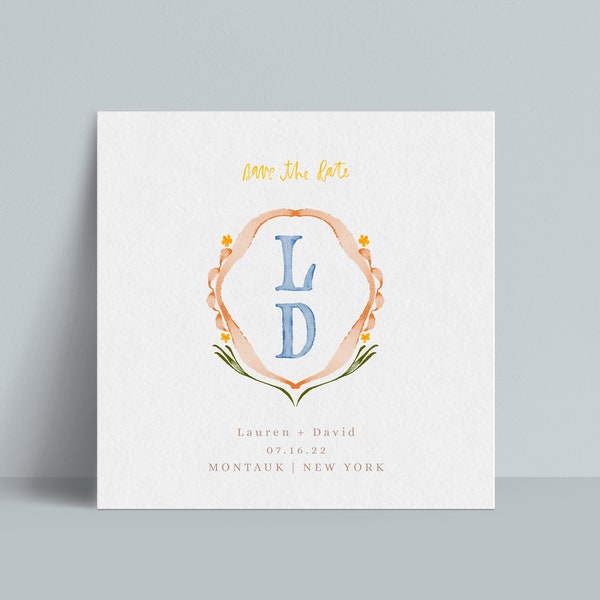 INSTANT | Save the Date | Look of Custom Watercolor Crest | Coat of Arms | Editable | Customizable | Lauren + David