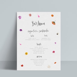 INSTANTÁNEO / Menú de Bar / Diseño Personalizado / Flores Prensadas / Flores Silvestres / Pétalos Flotantes / Letras a Mano / Editable / Personalizable