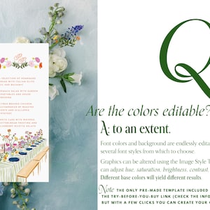 Puede incluir: Una tarjeta de men&uacute; blanca con ilustraciones florales y texto. El men&uacute; enumera una selecci&oacute;n de platos. La tarjeta est&aacute; decorada con flores y vegetaci&oacute;n coloridas. El texto a la derecha dice: "&iquest;Son editables los colores? R: hasta cierto punto."