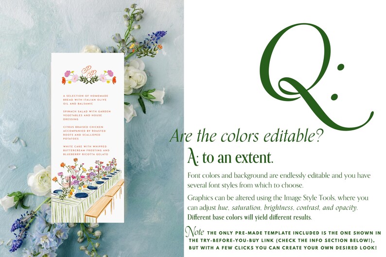 Puede incluir: Una tarjeta de men&uacute; blanca con ilustraciones florales y texto. El men&uacute; enumera una selecci&oacute;n de platos. La tarjeta est&aacute; decorada con flores y vegetaci&oacute;n coloridas. El texto a la derecha dice: "&iquest;Son editables los colores? R: hasta cierto punto."