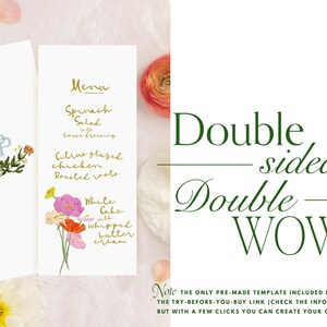 Puede incluir: Tarjetas de men&uacute; blancas con texto dorado e ilustraciones florales. Una tarjeta presenta un monograma y flores, la otra enumera los elementos del men&uacute;: Ensalada de espinacas, pollo glaseado con c&iacute;tricos, ra&iacute;ces asadas y pastel blanco. Tambi&eacute;n se muestra el texto "Double sided Double WOW".