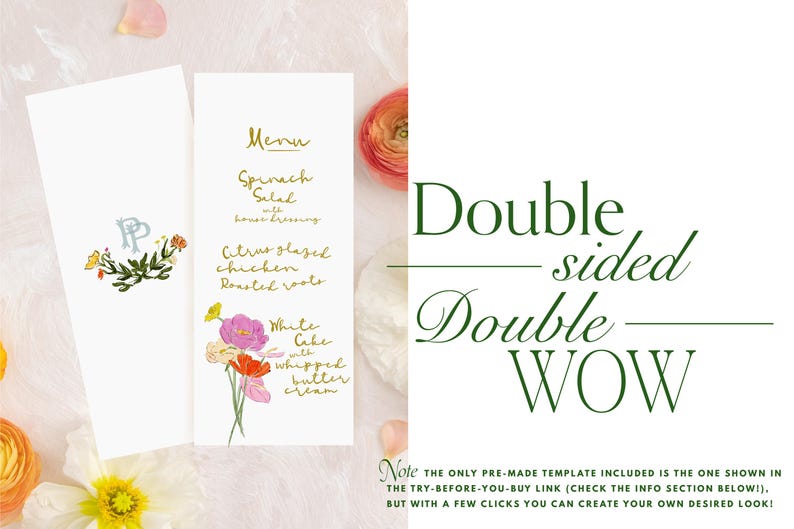 Puede incluir: Tarjetas de men&uacute; blancas con texto dorado e ilustraciones florales. Una tarjeta presenta un monograma y flores, la otra enumera los elementos del men&uacute;: Ensalada de espinacas, pollo glaseado con c&iacute;tricos, ra&iacute;ces asadas y pastel blanco. Tambi&eacute;n se muestra el texto "Double sided Double WOW".
