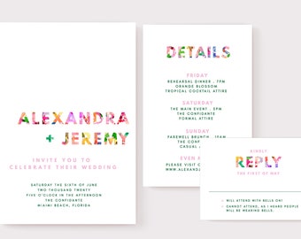 INSTANT | Invitation Suite | Floral Font | 3 pieces | Printable | DIY | Wedding Stationery | Modern | Minimal | Colorful | Floral