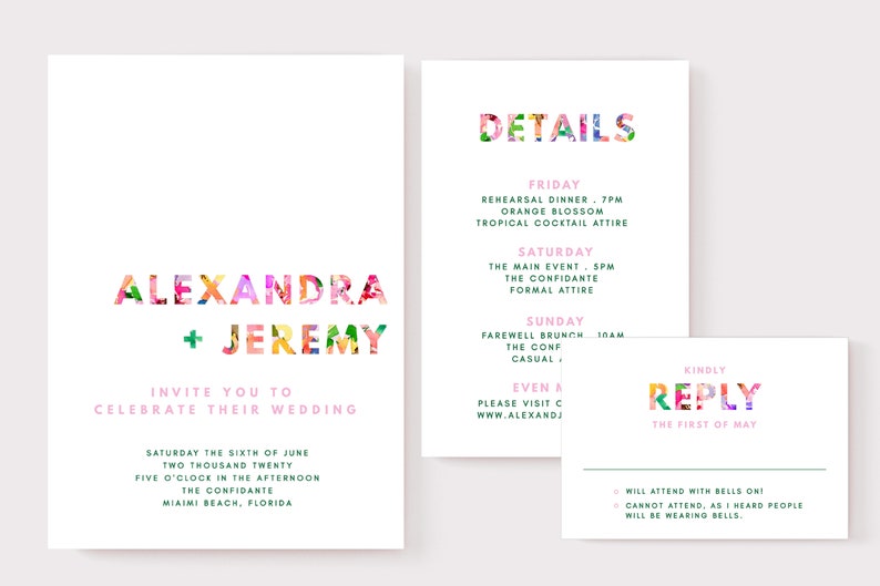 INSTANT Invitation Suite Floral Font 3 pieces Printable DIY Wedding Stationery Modern Minimal Colorful Floral image 1