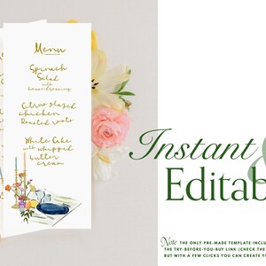 Puede incluir: Dos tarjetas de men&uacute; blancas con escritura dorada, con una ilustraci&oacute;n de acuarela de una mesa y flores. El texto "Instant & Editable" est&aacute; en escritura verde. El men&uacute; incluye "Ensalada de espinacas" y "Pollo glaseado con c&iacute;tricos."