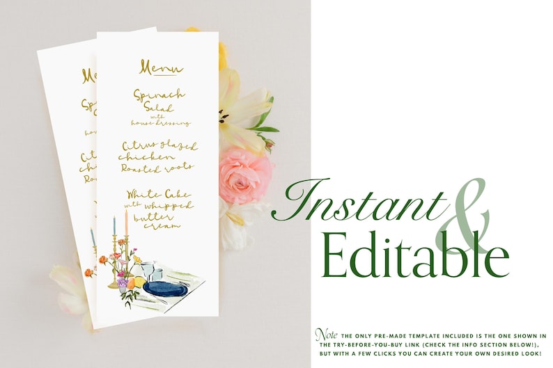 Puede incluir: Dos tarjetas de men&uacute; blancas con escritura dorada, con una ilustraci&oacute;n de acuarela de una mesa y flores. El texto "Instant & Editable" est&aacute; en escritura verde. El men&uacute; incluye "Ensalada de espinacas" y "Pollo glaseado con c&iacute;tricos."