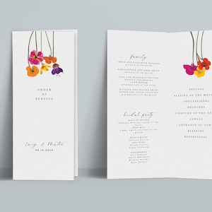 May include: A wedding ceremony order of service with a floral design featuring colorful flowers hanging from the top. The order of service includes the prelude, seating of the mothers, processional, readings, lighting of the unity candle, exchange of vows, blessing, and recessional. The names Lay & Thatke and the date 08.10.2024 are printed at the bottom of the page.