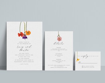 INSTANT | Invitation Suite | Pressed Flowers | 3 pieces | Printable | DIY | Wedding Stationery | Modern | Minimal | Colorful | Floral