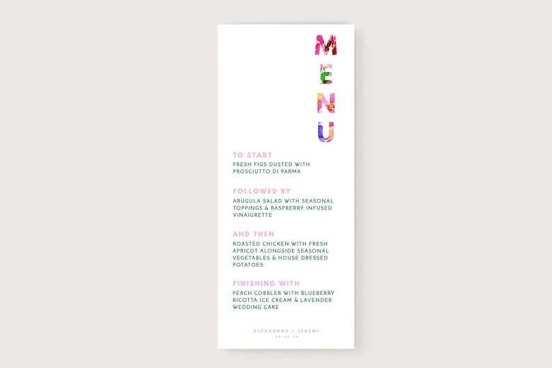 INSTANT Menu Floral Font Editable Printable DIY Wedding Stationery Modern Minimal Colorful Floral image 1