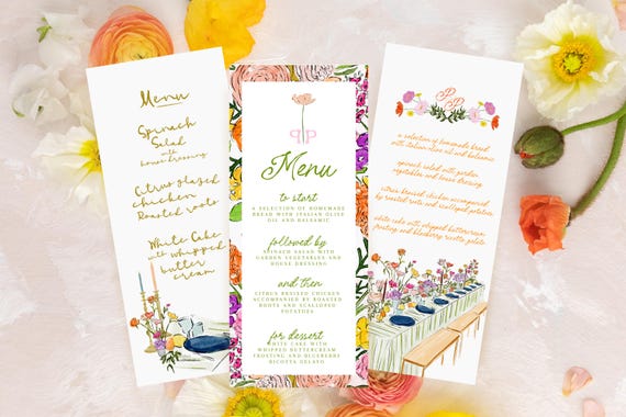 Menu Template | Watercolor Design | Instant Download | Look of Custom | Poppy + Patrick