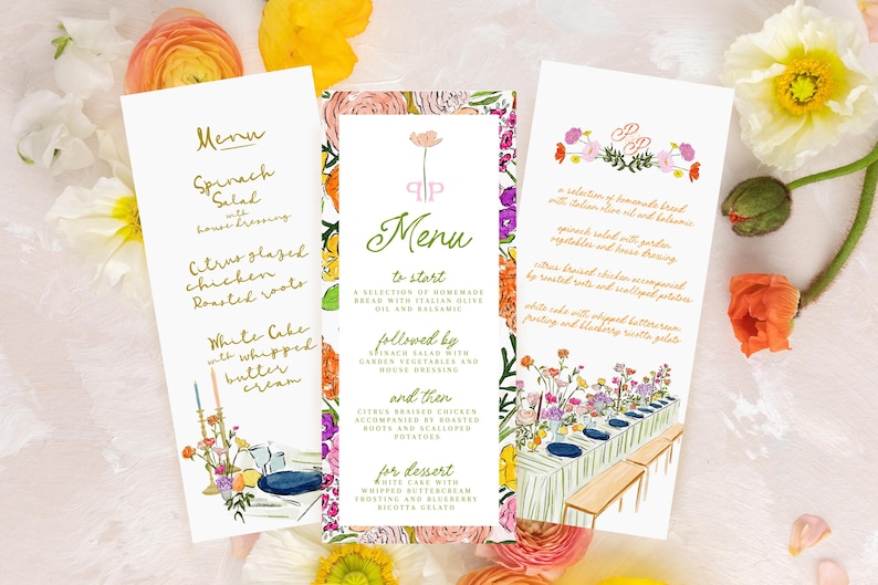 Puede incluir: Tres tarjetas de men&uacute; blancas con dise&ntilde;os florales y texto dorado. Los men&uacute;s enumeran platos como ensalada de espinacas, pollo glaseado con c&iacute;tricos y pastel blanco. La tarjeta central presenta un borde floral y la palabra "Men&uacute;".