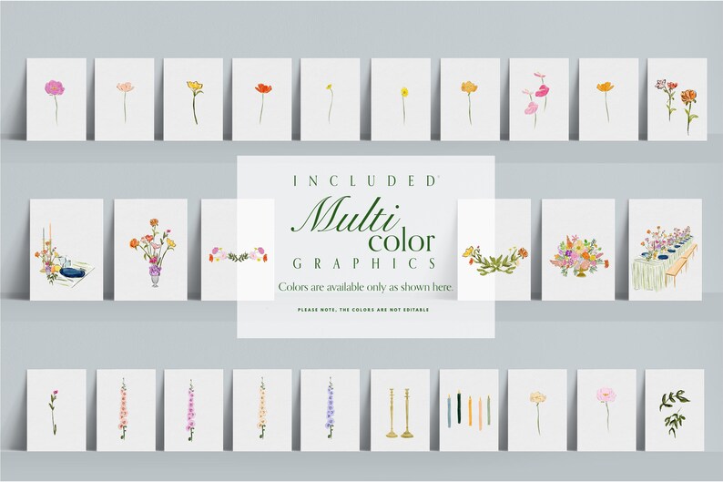 Puede incluir: Una colecci&oacute;n de gr&aacute;ficos florales en acuarela, que incluyen flores y arreglos individuales, mostrados en tarjetas blancas. La imagen incluye el texto "INCLUDED Multi COLOR GRAPHICS". La paleta de colores presenta rosa, amarillo, naranja y morado.