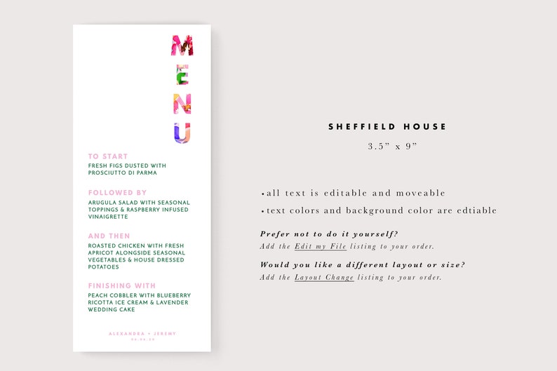 INSTANT Menu Floral Font Editable Printable DIY Wedding Stationery Modern Minimal Colorful Floral image 2