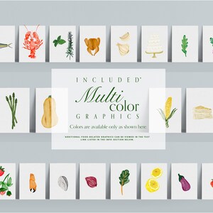 Puede incluir: Una colecci&oacute;n de ilustraciones de alimentos en acuarela sobre tarjetas blancas. Las im&aacute;genes incluyen un pollo, pescado, langosta, hierbas, ajo, pastel, verduras, camarones, esp&aacute;rragos, calabaza, ma&iacute;z, queso, pimiento, fresas y m&aacute;s. El texto dice "Gr&aacute;ficos multicolores incluidos".
